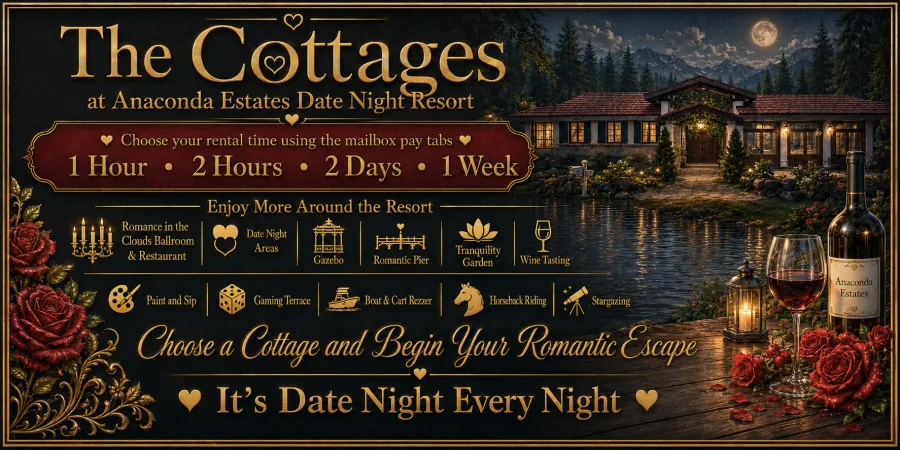 The Cottages ... Short term, romantic rentals
Hourly - 2 Days - Weekly
https://maps.secondlife.com/secondlife/Anaconda...