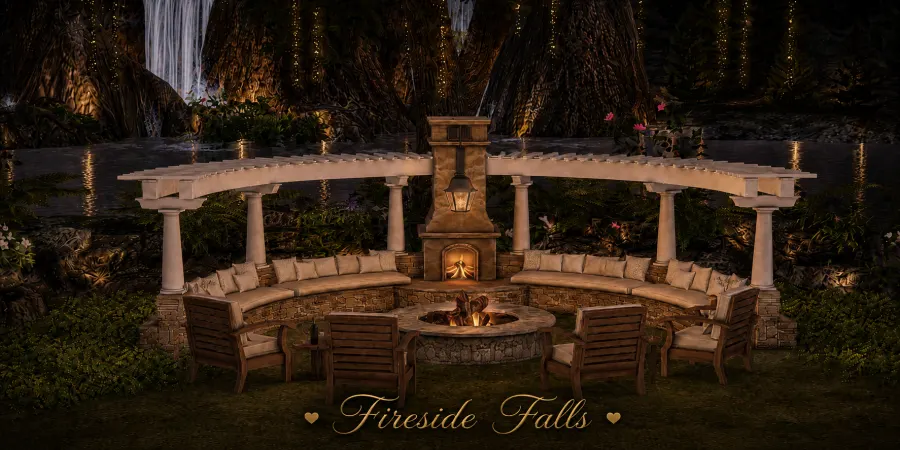 Pause for a while at Fireside Falls, where glowing flames, peaceful waterfalls, and cozy seating create the perfect roma...