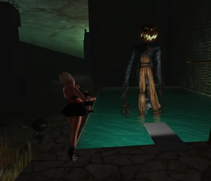 I was checking out House of Horrors and saw this Pumpkin Scarecrow. I don't know if he is responsible for that floating...