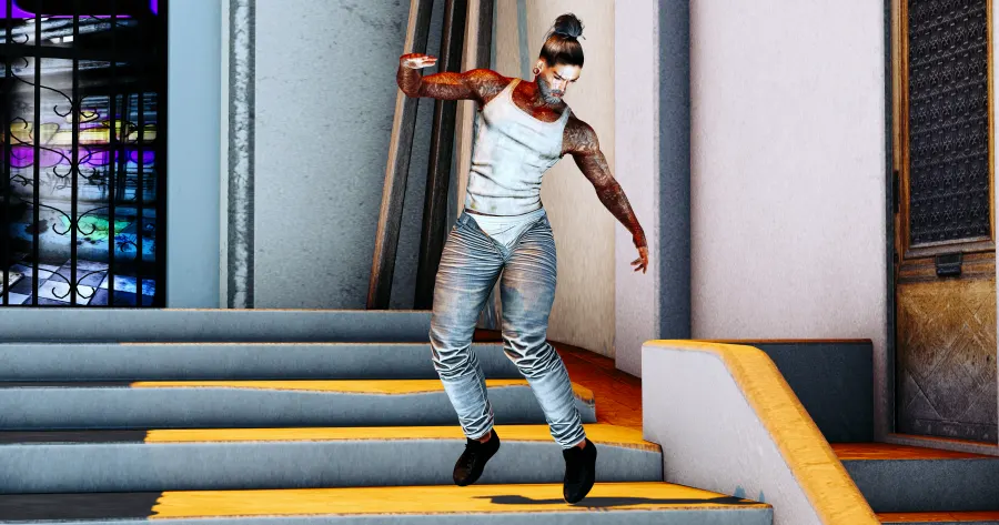 A dynamic street-dance freeze captured in mid-air motion. Perfectly balanced on tiptoes with a natural, relaxed posture,...