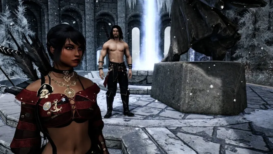 The AI improved image of  Kaidan and I at the Winterhold Mage's College.