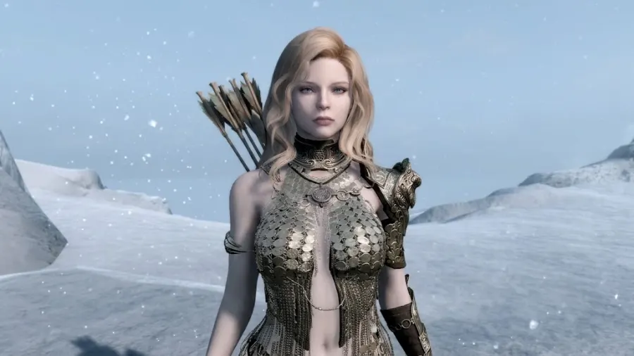 My Nord Fjori Fenrir in the mountains of Skyrim hunting dragons.
